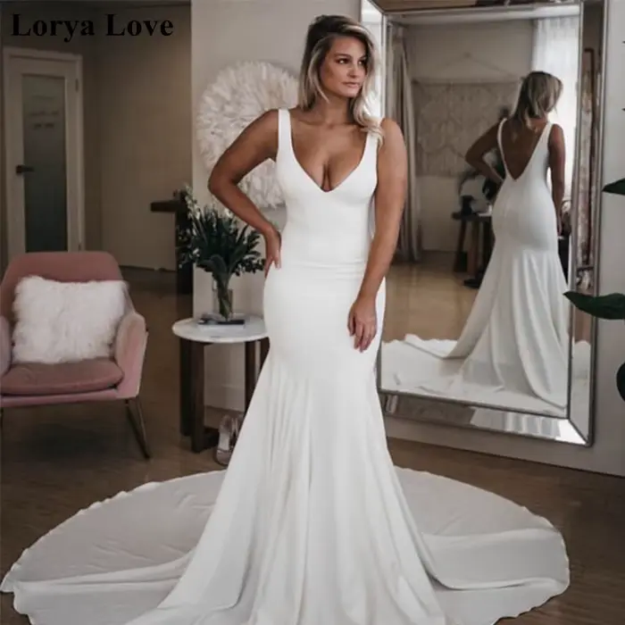 Robes de mariée sirène 2026 Femmes Élégantes Sans manches Blanc Vestidos De Novia Simple Boho Satin 