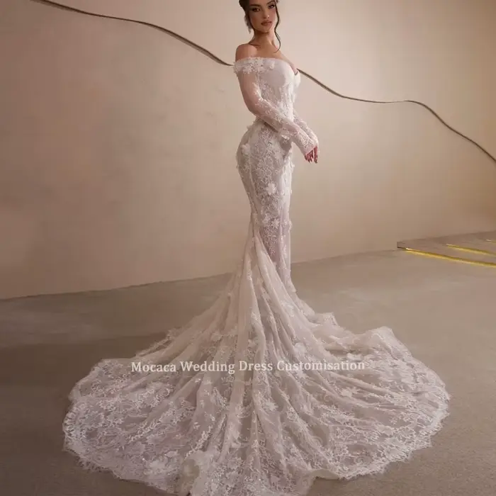 Robe de mariée Mocaca personnalisée en chiffon et satin, avec soutien-gorge intégré, forme trompette/sirène, décolleté haut, disponible en blanc, champagne, ivoire et multi, pour mariages et événements formels