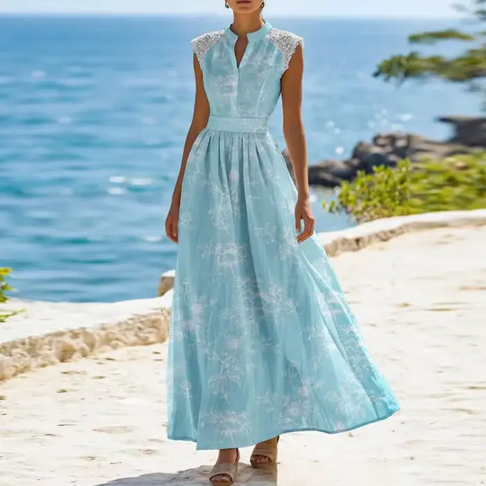 Robe longue de vacances élégante en dentelle patchwork sexy, col en V sans manches, plissée, pour femme, imprimée, avec laçage à la taille, pour soirée