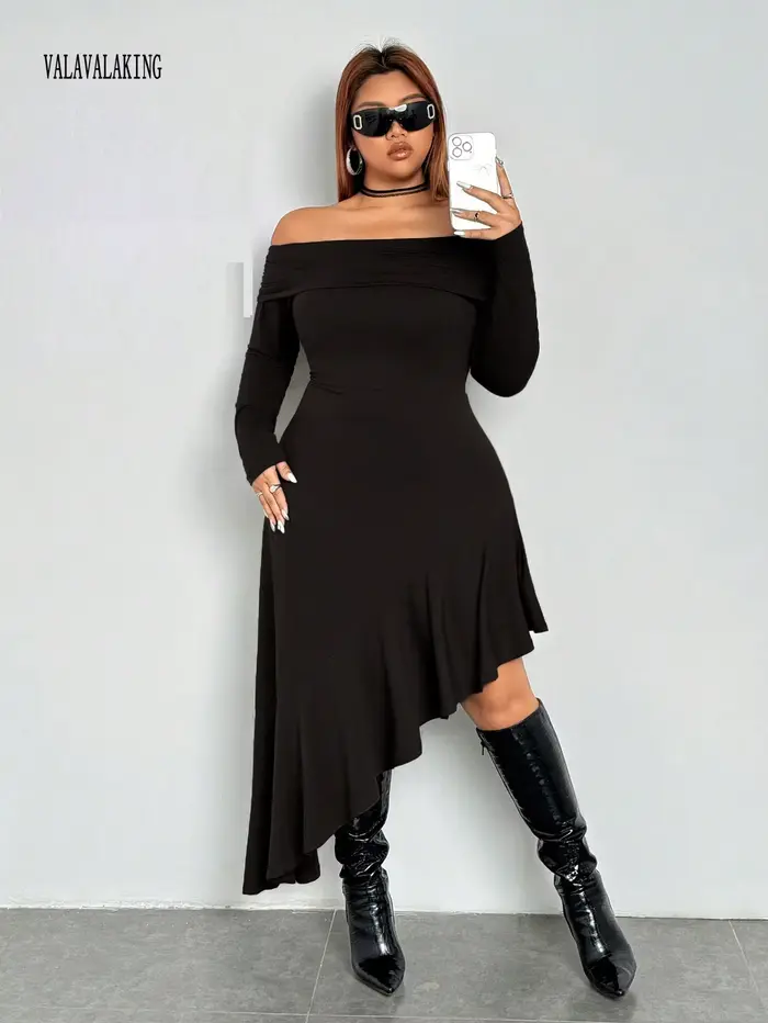 2025 Sexy noir hors de l'épaule grande taille robe longue femmes été à volants Midi