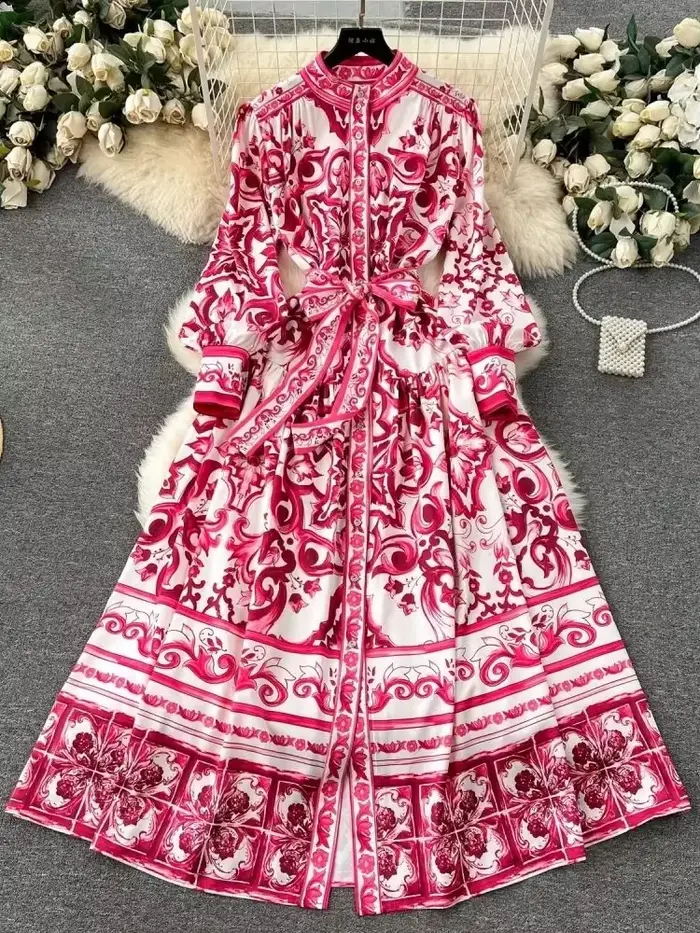 Robe longue vintage à manches longues pour femmes