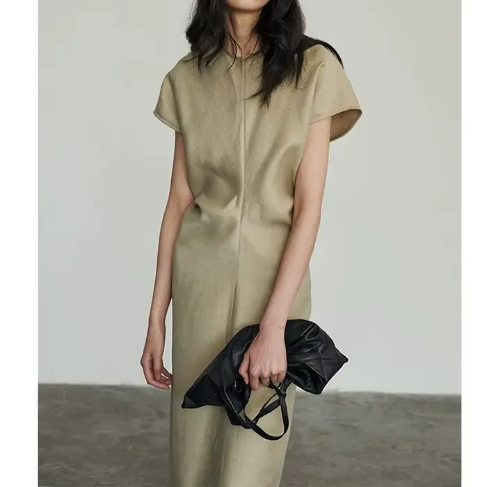 Robe longue beige à manches courtes, décontractée et élégante, avec taille cintrée, coupe trapèze, pour femme, idéale pour l'été et le bureau
