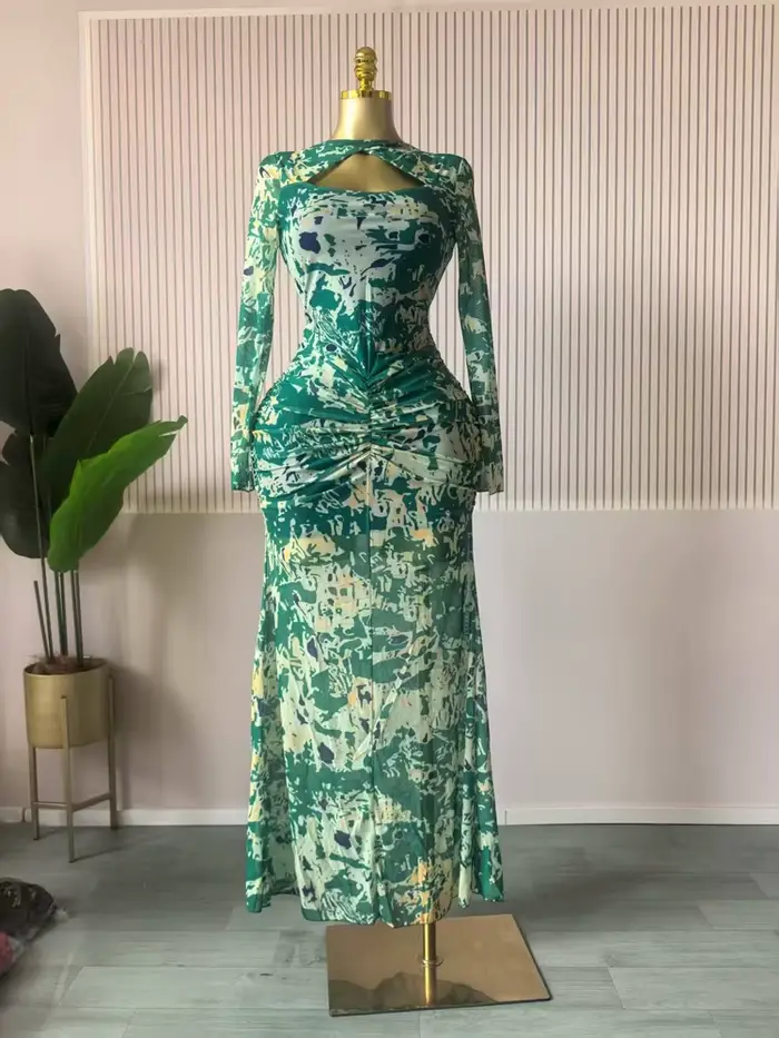 Automne 2025 femmes imprimé évider col en V manches longues moulante robe Maxi vacances Club fête nuit Sexy froncé