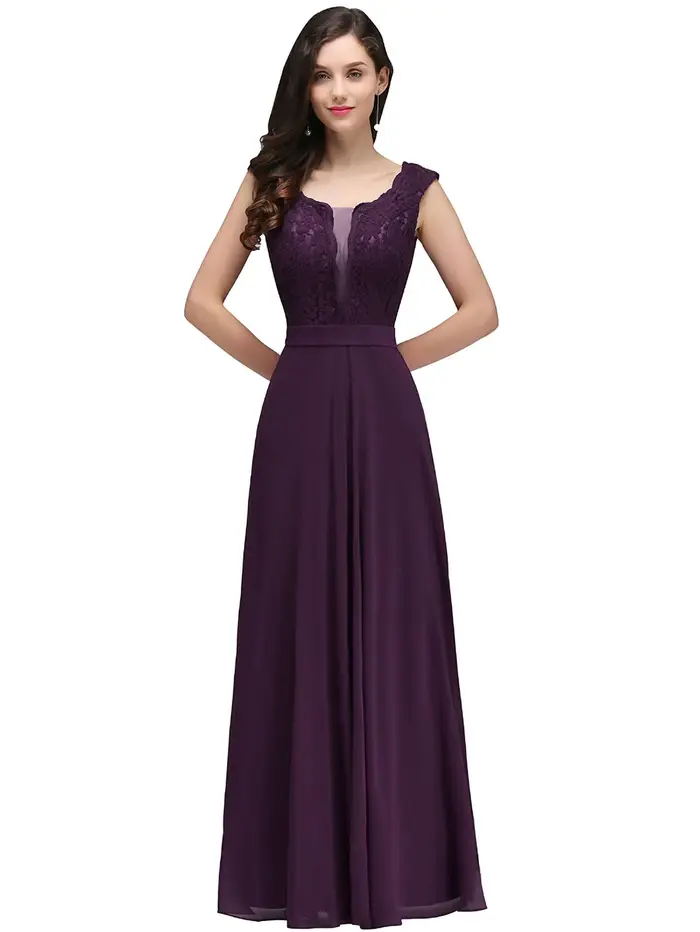 BABYONLINE robe longue élégante dentelle florale Appliques col rond transparent sans manches robe de