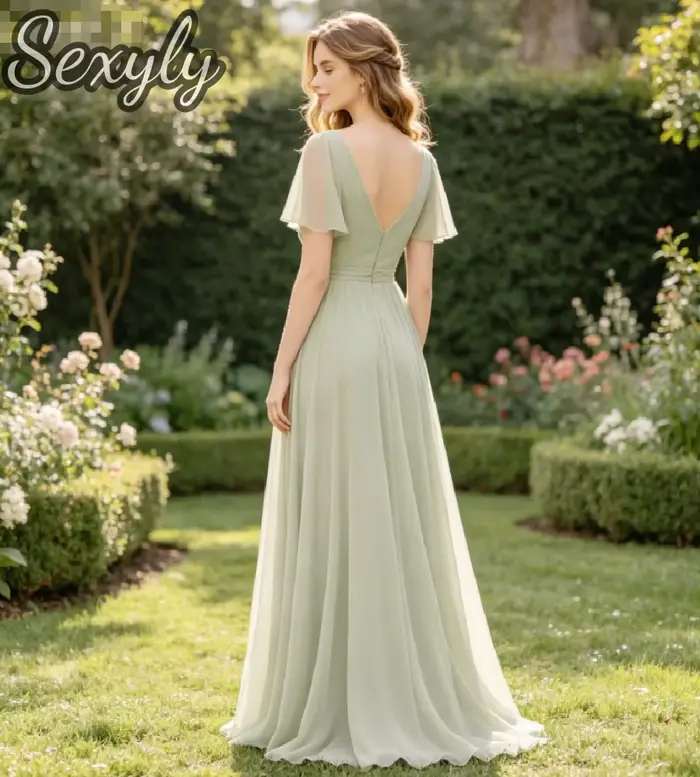 Robe de demoiselle d'honneur en chiffon vert sauge col en V manches courtes volantes coupe évasée longueur ras du sol soirée invité mariage