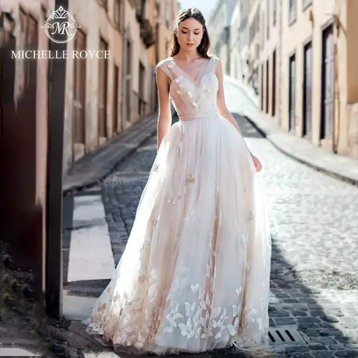 Michelle Royce a-ligne robes De mariée pour les femmes Sexy chérie Illusion ceintures bouton Court Train robe