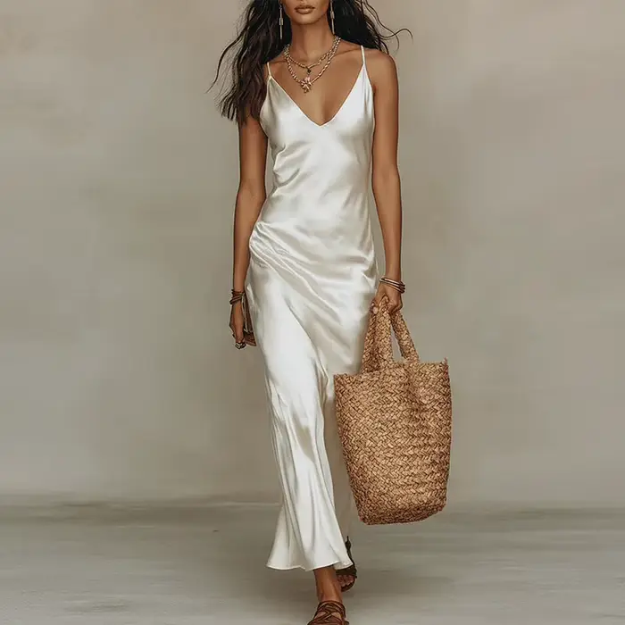 Nouvelle Robe Longue Maxi Femme Été Bohème Plage Col V Profond Sexy en Satin Uni Sans Manches Évidée pour Vacances