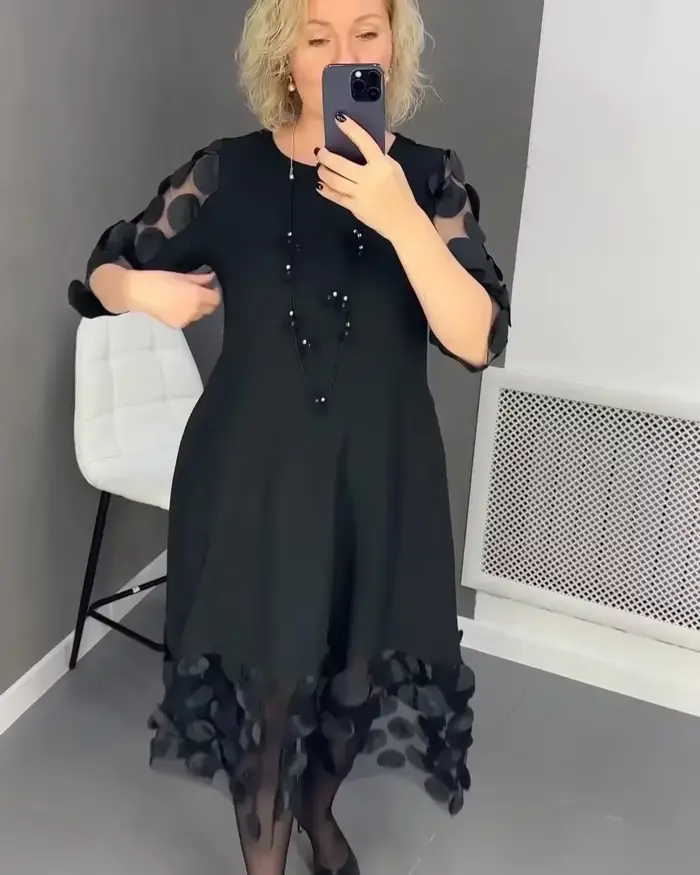 Robe évasée grande taille avec décor de points pour femmes, longue, noire, col rond, Perspective, ro