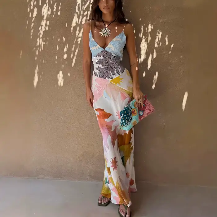 Robe en lin pour femme, imprimée, style bohème, pour le printemps et l'été, robe de plage, robe longue, tenue de vacances