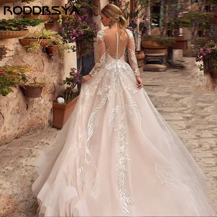 Robe de mariée RODDRSYA en polyester avec train balayage pour femmes exquises, décolleté en cuillère, manches longues, dos illusion, occasions spéciales