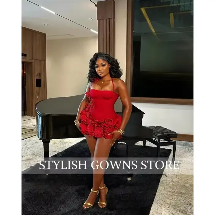 Robes d'anniversaire rouges Baddie noir fille licou cou Mini