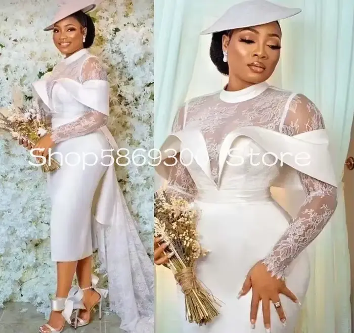 Robe de mariée civile blanche grande taille Aso Ebi, en dentelle et satin, courte, mini, manches lon