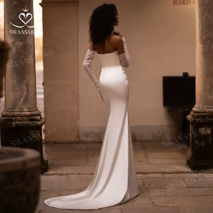 Robe de Mariée Princesse Sirène Chérie Satinée avec Train Amovible pour Femmes Occasions Spéciales
