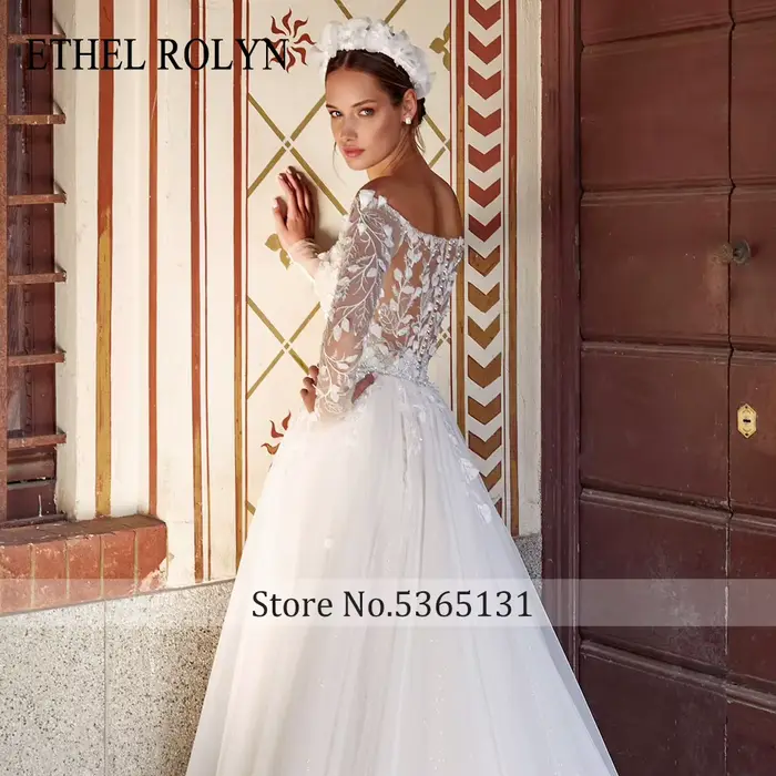ETHEL ROLYN a-ligne De mariée avec robe col bateau charmante perles Appliques paillettes