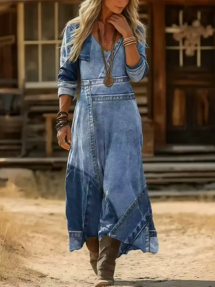 Robe longue de style occidental pour femmes, à imprimé dégradé, col en V, cintrée à la taille, aminc