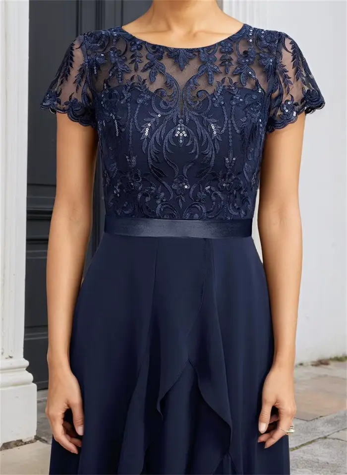 Robes de Soirée Courtes en Chiffon Noir pour Mère de la Mariée, Manches Courtes, pour Femme, Été 2026, Nouveauté, Robe de Plage SEM0010