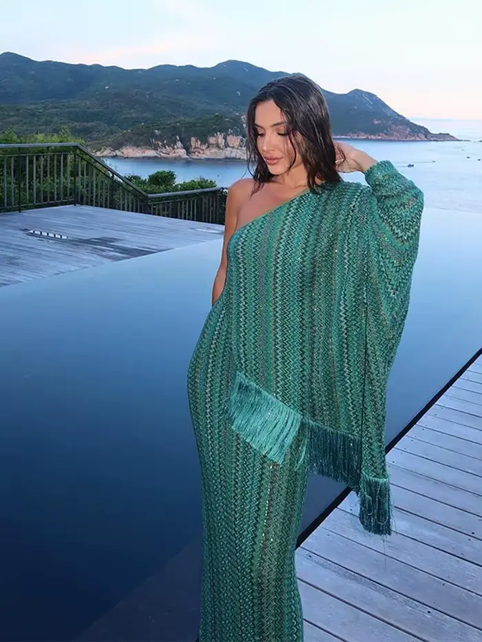 Robes longues en Crochet vert avec écharpe pour femmes