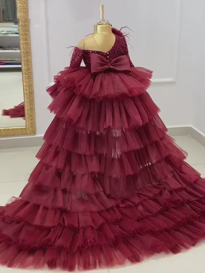 Robes de fille de fleur rose pour les mariages fête d'anniversaire princesse plume Tulle robe de concours