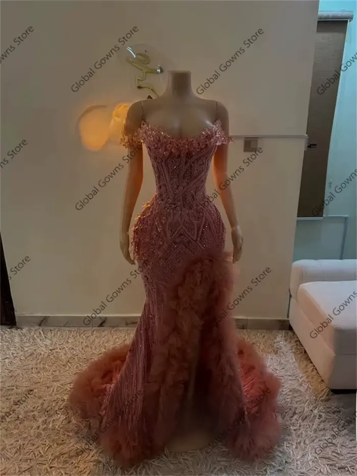 Robe de bal rose à épaules dénudées, ornée de perles et de cristal, silhouette sirène, pour soirées officielles, personnalisable