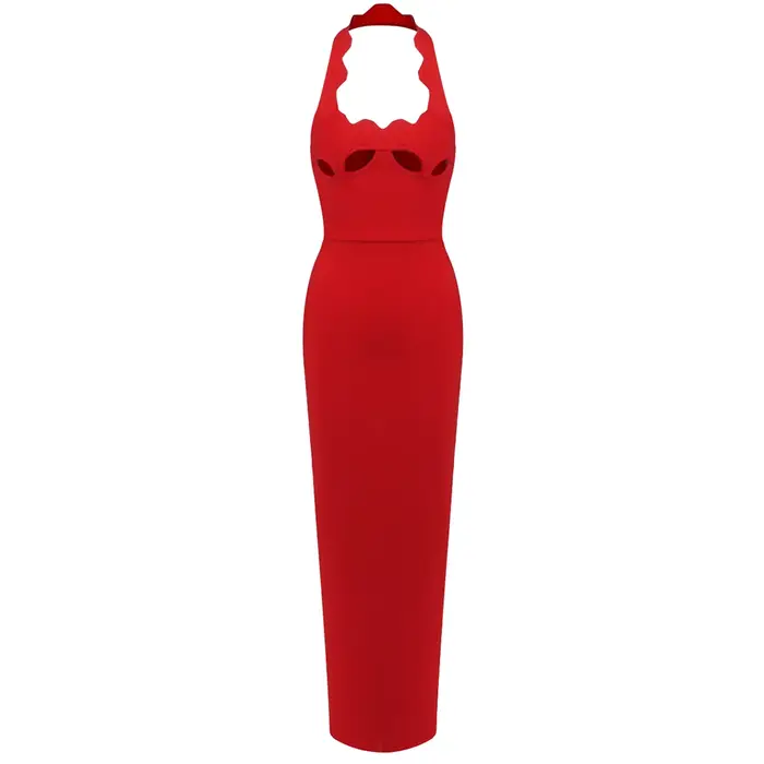 VC élégant rouge découpé licou moulante robe de noël pour les femmes Sexy dos nu robes de soirée sans manches coupe ajus