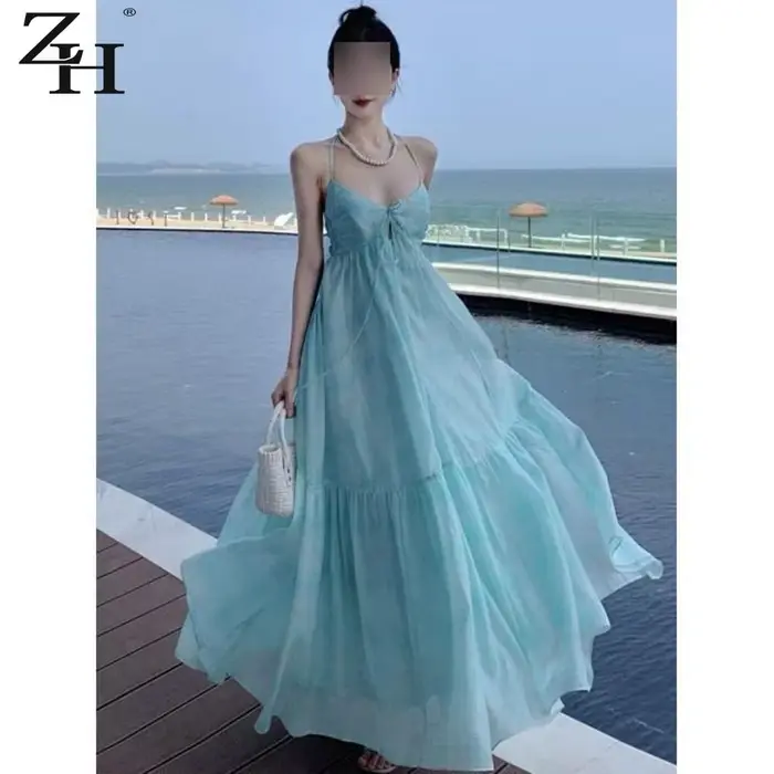 Robe de plage longue féerique à bretelles sans manches pour femmes, style arc, dos nu, avec nœud, polyester haute élasticité, pour vacances et pauses thé
