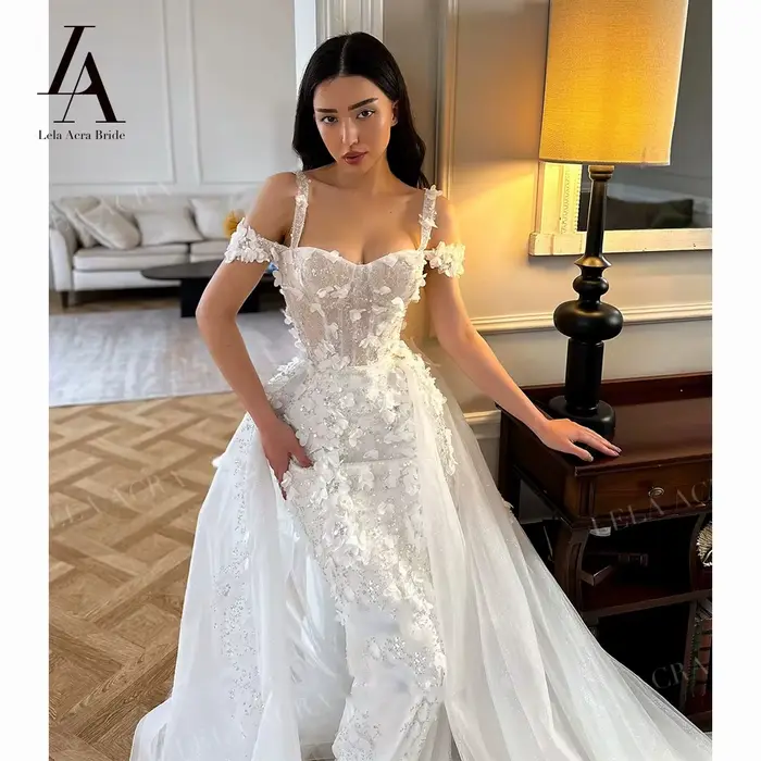 2 en 1 chérie robe de mariée sirène 2026 brillant 3D fleurs princesse