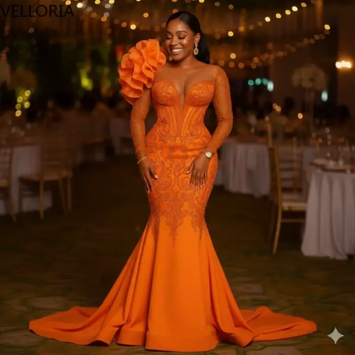 Robe de bal de luxe en perles Orange, décolleté en cœur, épaules à volants, élégante, longueur au so