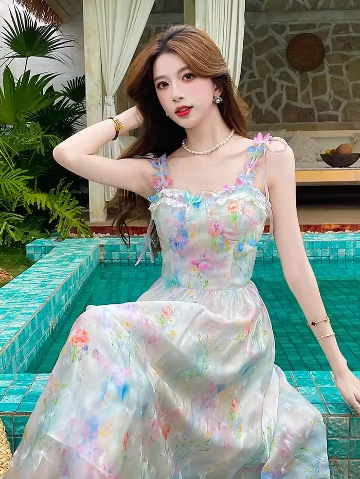 Robe de fée romantique pour femmes, Design Chic imprimé, bretelles papillon, dentelle, sans manches,