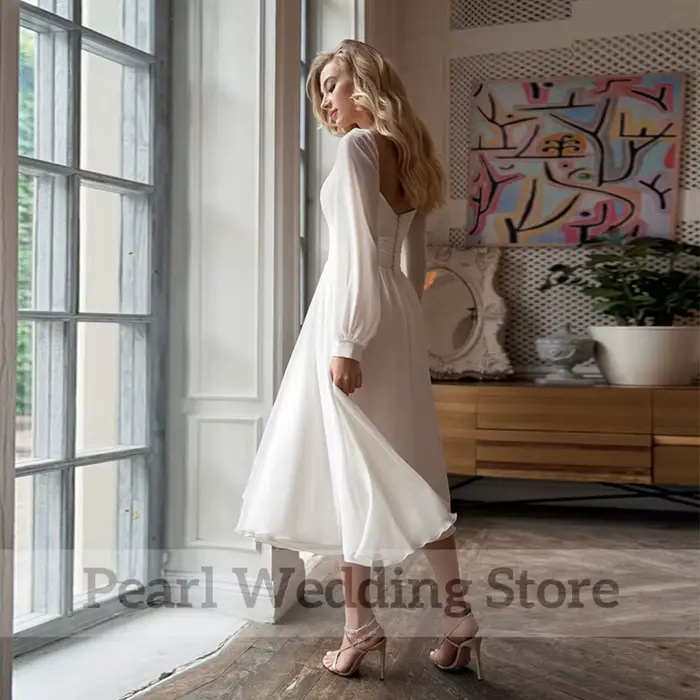 Robe de Mariée Simple en Mousseline de Soie, Longueur Thé, Chérie et Manches sulf, Fendue sur le Côté, Plis Dos auxSexy, pour Patients Personnalisés