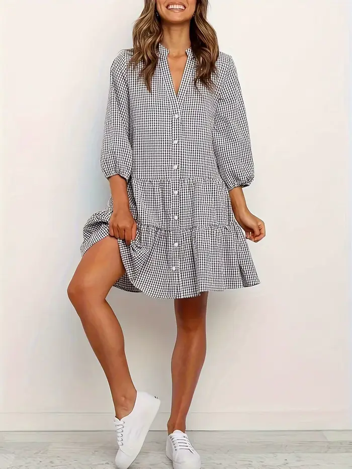 Robe de plage à demi-manches pour femmes, col en V, patchwork, boutonné sur le devant, décontracté, 