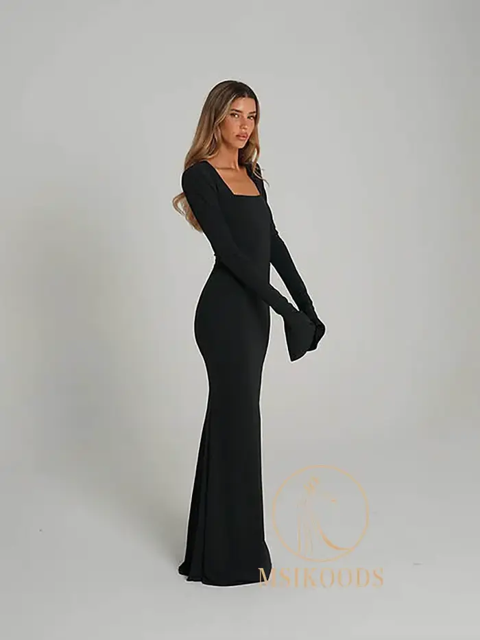 Robe de soirée noire Msikoods avec col carré et manches longues pour femmes, occasion de bal, soutien-gorge intégré, polyester crêpe, silhouette sirène, disponible en plusieurs tailles et couleurs