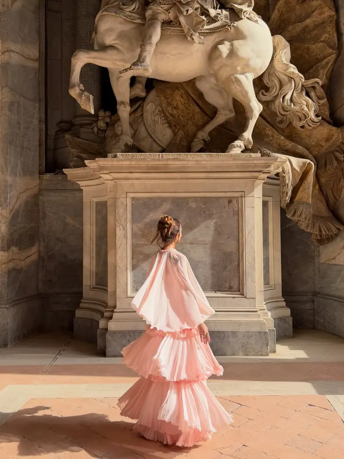 Robe de soirée en mousseline rose poudré à volants superposés avec cape détachable
