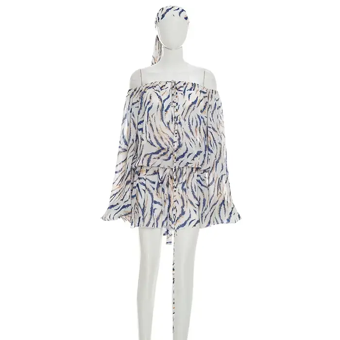 Mini-robe de plage à rayures imprimées en maille avec foulard, sexy, à lacets, épaules dénudées, man