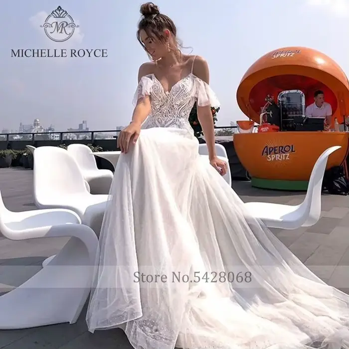 Michelle Royce a-ling robes De mariée Sexy chérie perles volants dos nu chapelle Train