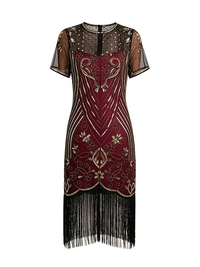 Robe de soirée style Charleston des années 20, ornée de perles, de paillettes et de franges, pour co