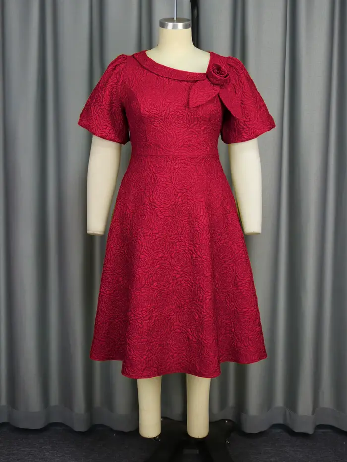 Élégant Jacquard une ligne robes 3D fleur manches courtes bouffantes femmes décontracté bureau travail soirée Cocktail