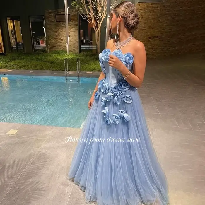 Robe de soirée bleue à fleurs 3D élégante pour bal soirée gala personnalisation robes de fête trapèze sans bretelles