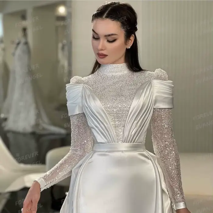 Luxe 2025 robes De mariée sirène femme formelle paillettes à manches longues col haut