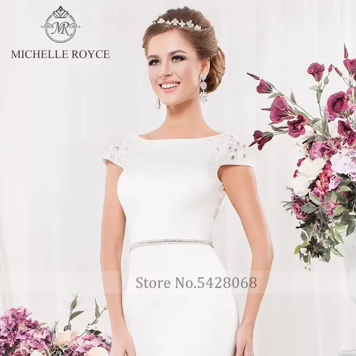Michelle Royce sirène robes De mariée Scoop manches courtes dos nu perlé Court Train