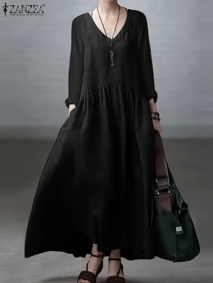 ZANZEA-Robe longue vintage à manches longues pour femmes, Robe de vacances, Éducatif, Monochromatiqu