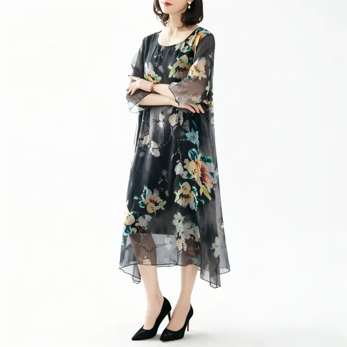 Robe midi grande taille en polyester avec décolleté moderne pour femmes, élégante et confortable pour les mères d'âge moyen, occasiions spéciales et quotidienne