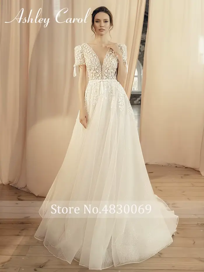 Ashley Carol-Robe de mariée A-Line avec col en V profond