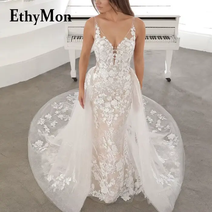 DOM Ysimplifié-Robe de Mariée Classique à Col en V, Sirène, Dentelle, Appliques, Poignées, Traîne Am