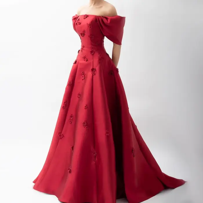Robe Sharon Said Trapèze Rouge Arabe Personnalisée avec Décoration 3D pour Soirées Officielles
