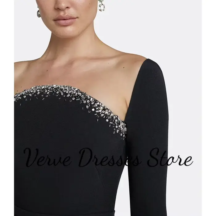 Robes de soirée modestes pour femmes, style sirène/trompette, en jersey noir, robe de bal sans bretelles avec ceinture en strass, robe de gala longue 2026