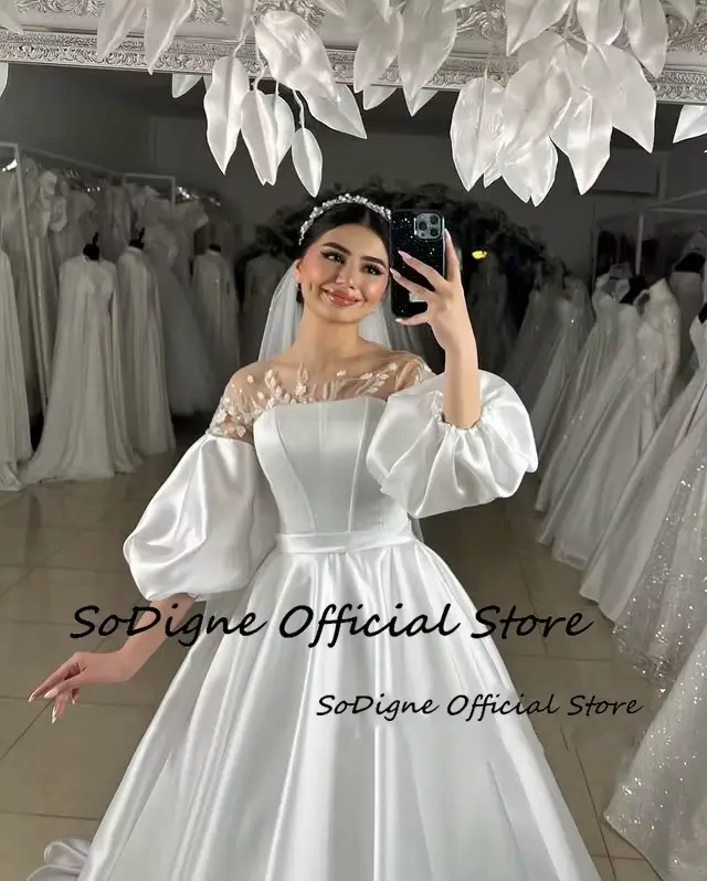 Robe de Mariée SoDigne en Satin Trapèze avec Manches Bouffantes et Appliques pour Femmes Occasions Spéciales