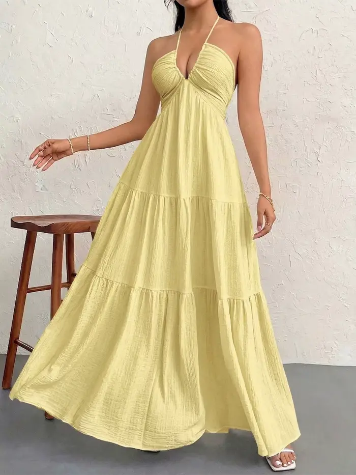 Robe décontractée pour femme, style bohème, jaune, à volants, dos nu, col halter, respirante, pour l
