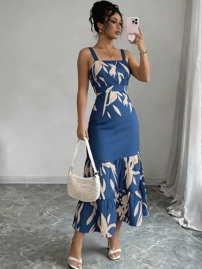 Robe midi bohème à imprimé feuilles bleues, col carré, ourlet à volants, robe fluide, pour les vacances à la plage, les fêtes, les tenues décontractées d'été, les tenues quotidiennes