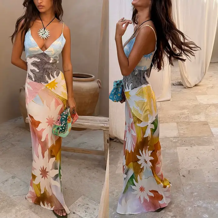Robe en lin pour femme, imprimée, style bohème, pour le printemps et l'été, robe de plage, robe longue, tenue de vacances