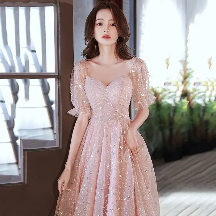 Robe de soirée rose à manches lanterne pour femmes